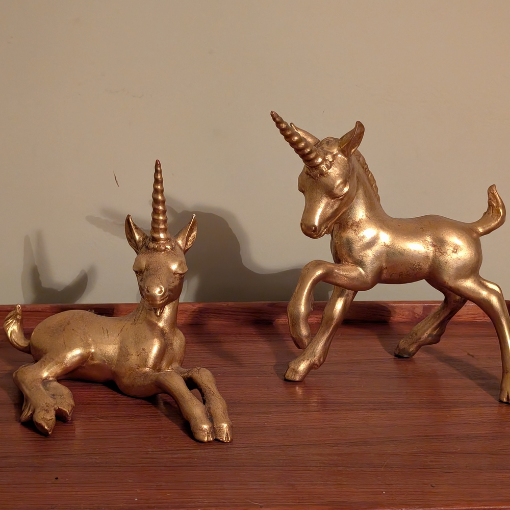Vintage Gold Leaf Unicorns Signed Freeman McFarland Pair Sculptures Art